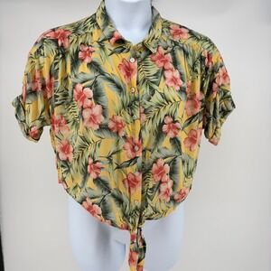 American Eagle Tropical Hibiscus Tie Front Cropped Shirt Yellow Floral XL Beachy